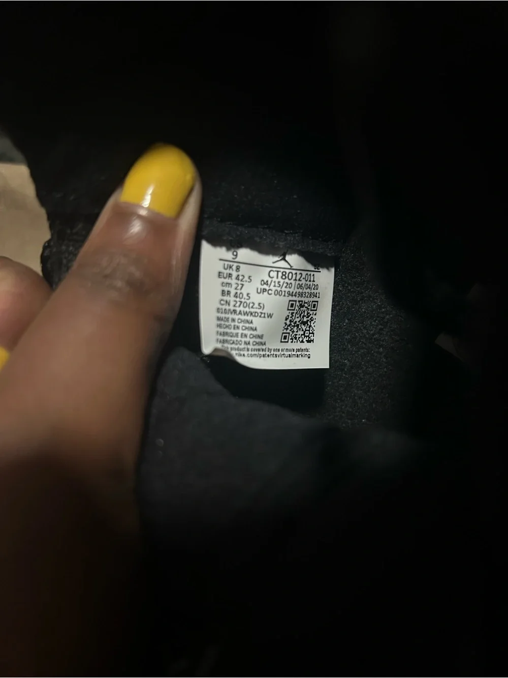 Jordan 11 Black Sneaker Interior with Size Label